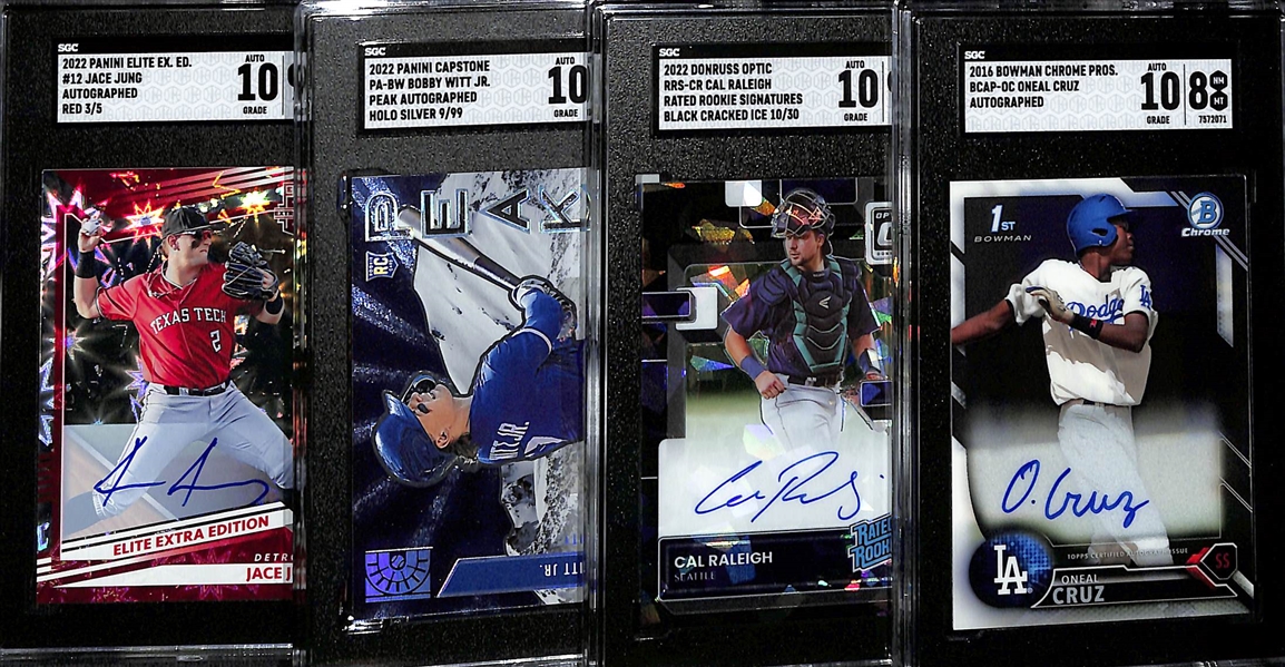 Lot of (4) SGC Graded Autographed Rookie Baseball Cards w. 2016 Bowman Chrome Prospects Oneal Cruz 1st Bowman (SGC 8)