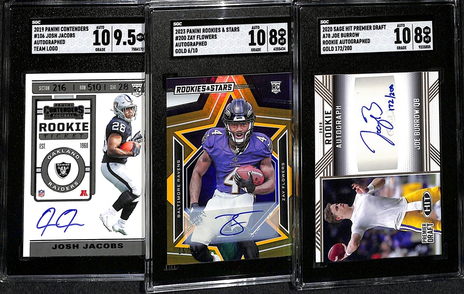 (3) Autographed SGC Graded Football Cards w. 2020 Sage Premier Draft Joe Burrow RC Gold #/200 SGC 8/10 Auto