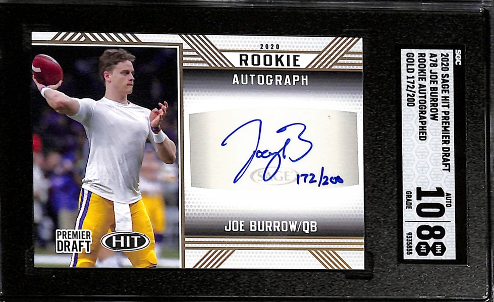 (3) Autographed SGC Graded Football Cards w. 2020 Sage Premier Draft Joe Burrow RC Gold #/200 SGC 8/10 Auto
