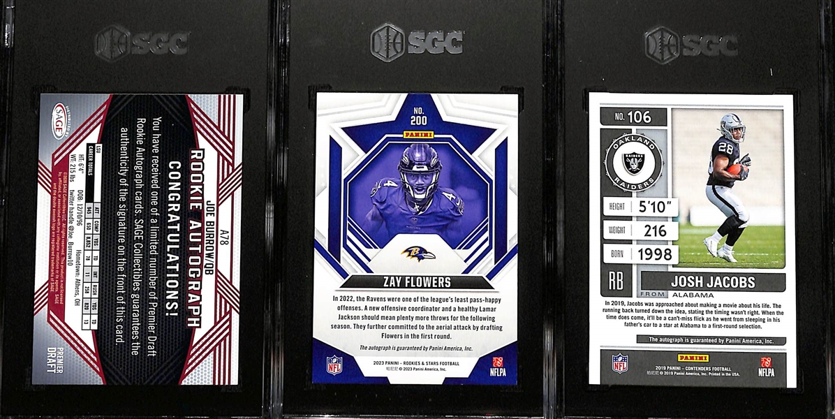 (3) Autographed SGC Graded Football Cards w. 2020 Sage Premier Draft Joe Burrow RC Gold #/200 SGC 8/10 Auto