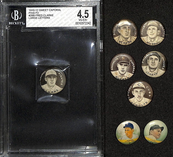 Lot of (6) 1910-12 Sweet Caporal P2 Pins & (2) 1932 Orbit Gum Pins w. 1912 Sweet Caporal Fred Clarke Large Letters BVG 4.5