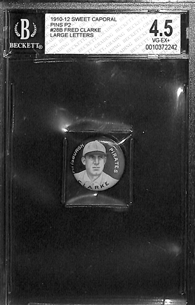 Lot of (6) 1910-12 Sweet Caporal P2 Pins & (2) 1932 Orbit Gum Pins w. 1912 Sweet Caporal Fred Clarke Large Letters BVG 4.5