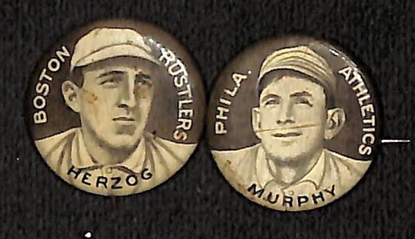 Lot of (6) 1910-12 Sweet Caporal P2 Pins & (2) 1932 Orbit Gum Pins w. 1912 Sweet Caporal Fred Clarke Large Letters BVG 4.5