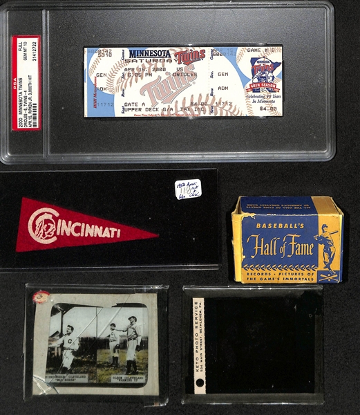 Lot of (5) 1909-2000 Sports Memorabilia Items w. 2000 Minnesota Twins Full Ticket (Apr 15 Ripken Jr 3000th Hit) PSA 10 