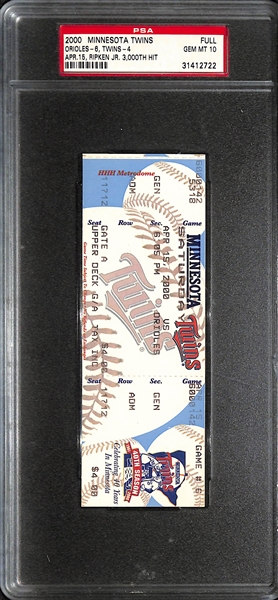 Lot of (5) 1909-2000 Sports Memorabilia Items w. 2000 Minnesota Twins Full Ticket (Apr 15 Ripken Jr 3000th Hit) PSA 10 