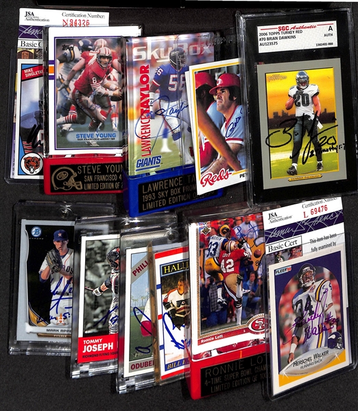 Lot of (10) Signed Sports Cards w. Brian Dawkins (HOF), Pete Rose, Lawrence Taylor (HOF), +(JSA Auction Letter)