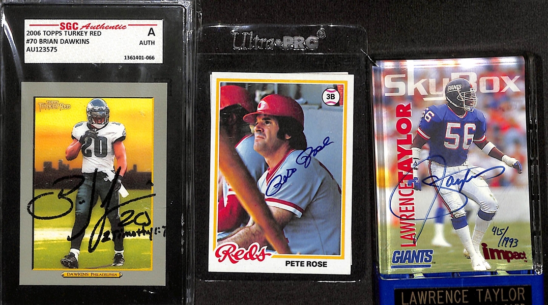Lot of (10) Signed Sports Cards w. Brian Dawkins (HOF), Pete Rose, Lawrence Taylor (HOF), +(JSA Auction Letter)