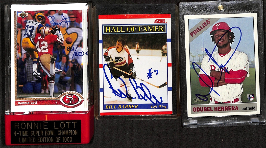 Lot of (10) Signed Sports Cards w. Brian Dawkins (HOF), Pete Rose, Lawrence Taylor (HOF), +(JSA Auction Letter)