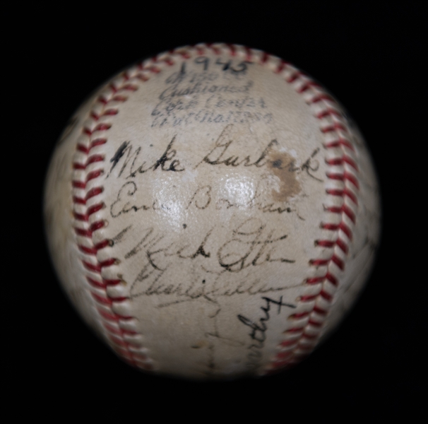  Team Signed 1945 New York Yankees Baseball w. George Stirnweiss, Joe McCarthy, Red Ruffing, +  (JSA Auction Letter) (Frank Crosetti is Clubhouse Signed)
