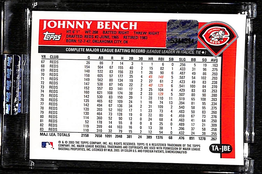 2003 Topps Retired Signature Johnny Bench Autograph Card #TA-JBE - Encased with Topps Seal