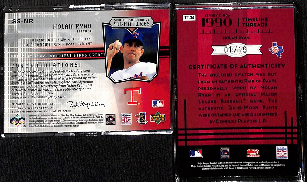 Lot of (2) Serial Numbered Nolan Ryan Autographed Game-Used Relic Cards