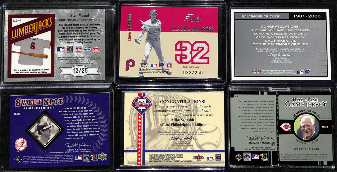 Lot of (13) Game-Used/Worn Relic Baseball Cards w. Stan Musial, Nolan Ryan, & Steve Carlton