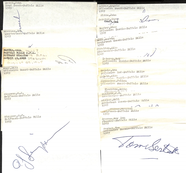 Lot of (25) Mostly 1960s Buffalo Bills Signed Stationary Sheets w. (2) O.J. Simpson, Bill Shaw +(JSA Auction Letter)