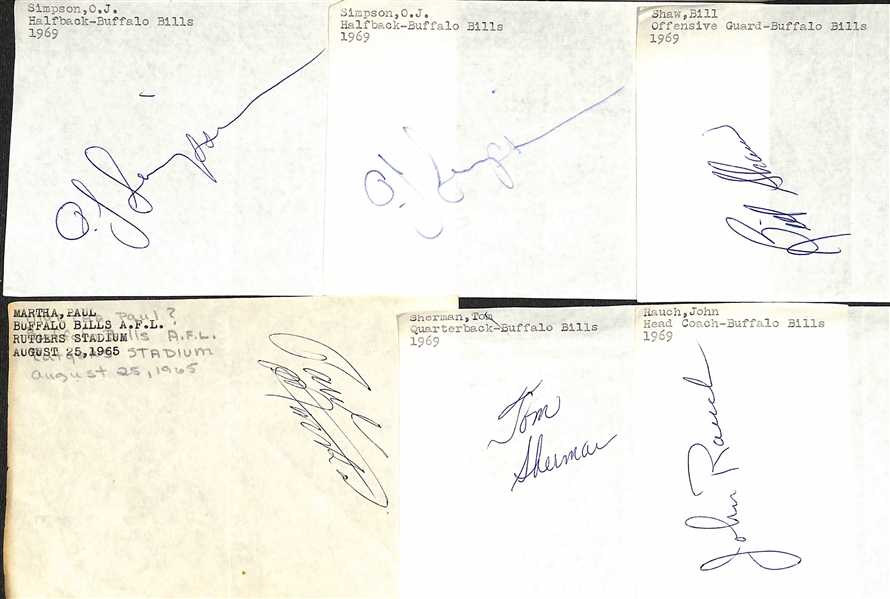 Lot of (25) Mostly 1960s Buffalo Bills Signed Stationary Sheets w. (2) O.J. Simpson, Bill Shaw +(JSA Auction Letter)