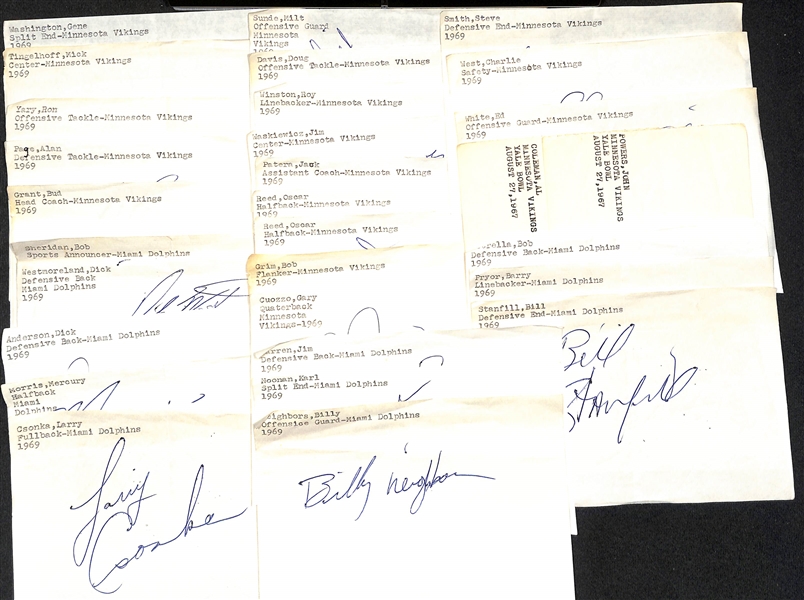 Lot of (25+) Mostly 1960s Dolphins or Vikings Signed Stationary Sheets w. Larry Csonka (HOF) & Mercury Morris +(JSA Auction Letter)
