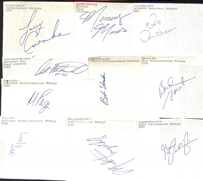Lot of (25+) Mostly 1960s Dolphins or Vikings Signed Stationary Sheets w. Larry Csonka (HOF) & Mercury Morris +(JSA Auction Letter)