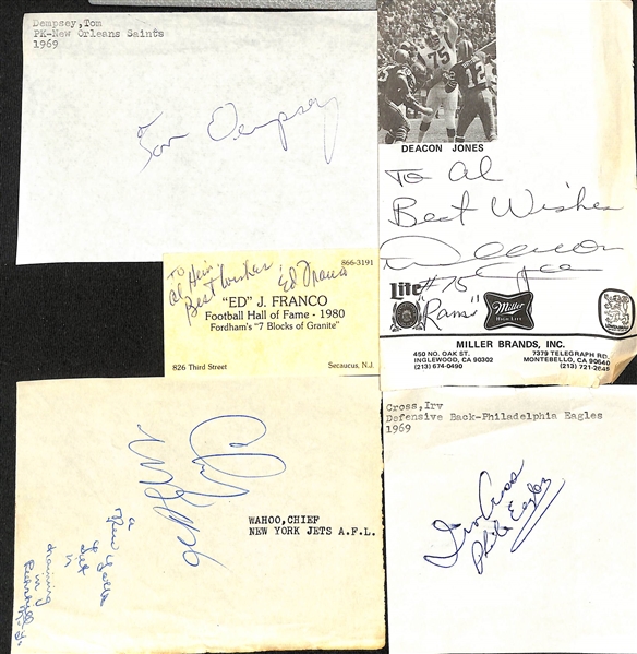Lot of (70+) Mostly Football Autographs w. Tom Dempsey, Deacon Jones, +(JSA Auction Letter)