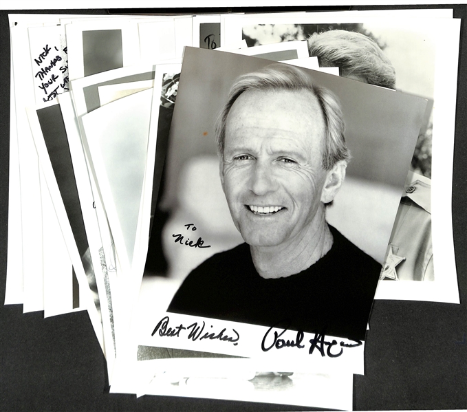 Lot of (25+) Signed Male Entertainer Prints (many personalized) w. Paul Hogan, Mike Farrell, +(JSA Auction Letter)
