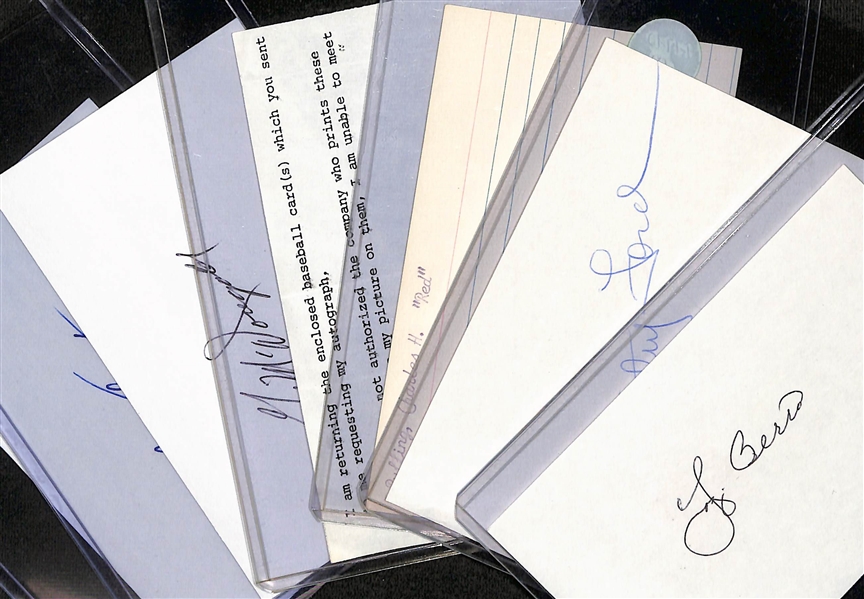 Lot of (6) Yankee Autographed Index Cards w. Yogi Berra & Whitey Ford (JSA Auction Letter)