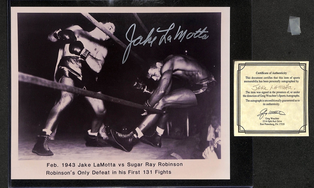 (4) Signed Boxing & Wrestling Prints w. Jake LaMotta & Jimmy Hart (JSA COA) +(JSA Auction Letter)