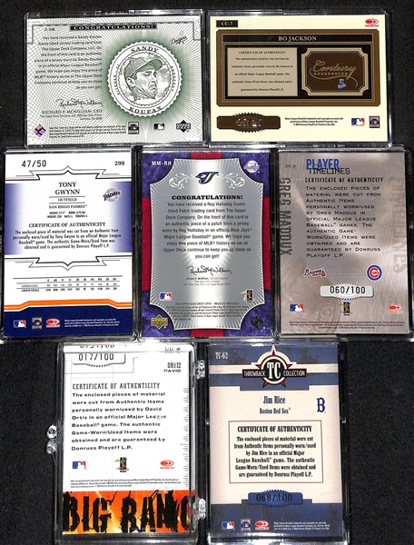 Lot of (7) Game-Used Memorabilia Baseball Cards w. Sandy Koufax & Bo Jackson