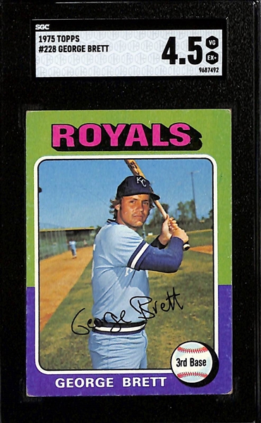 Lot of (5) SGC Graded Rookie Cards w. 1975 George Brett (SGC 4.5), 1975 Yount (SGC 5), 1989 UD Ken Griffey Jr., 1991 Michael Jordan Baseball (SGC 8), 1986 Fleer Karl Malone (SGC 4)