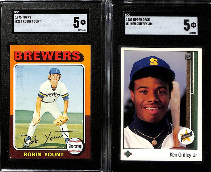Lot of (5) SGC Graded Rookie Cards w. 1975 George Brett (SGC 4.5), 1975 Yount (SGC 5), 1989 UD Ken Griffey Jr., 1991 Michael Jordan Baseball (SGC 8), 1986 Fleer Karl Malone (SGC 4)