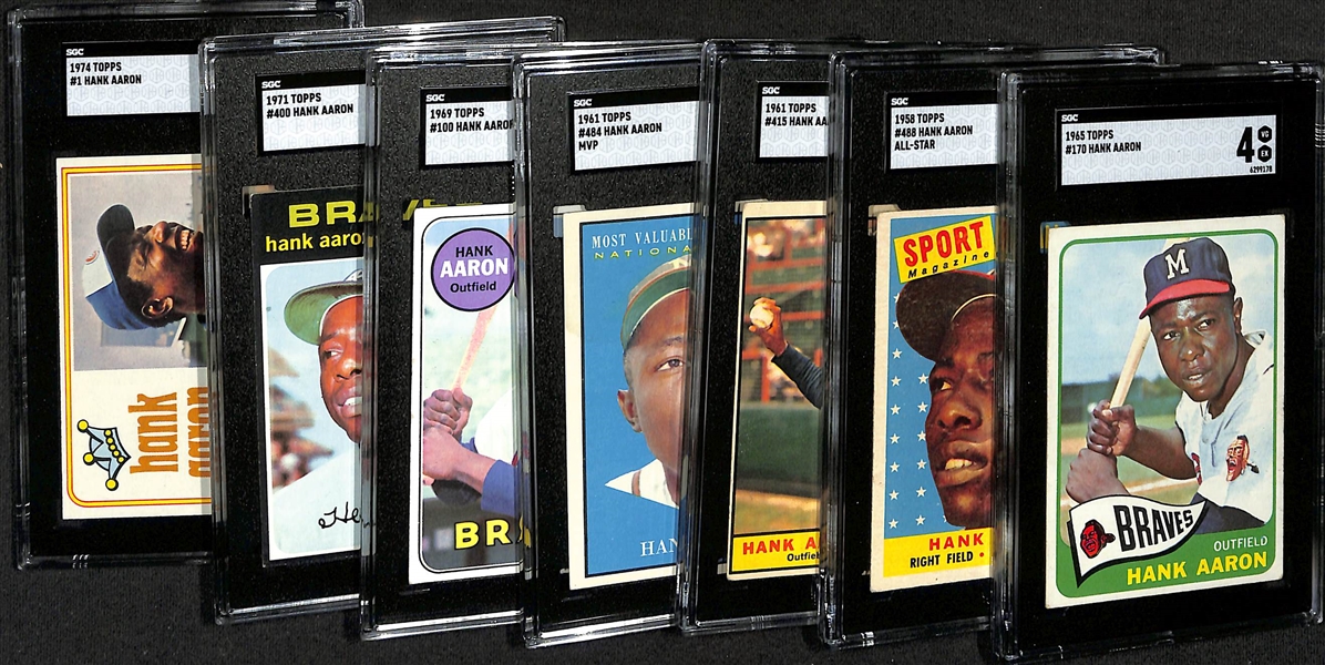 (7) SGC Graded Topps Hank Aaron Baseball Cards w. 1965 Hank Aaron #170 SGC 4