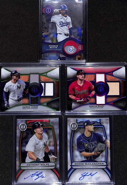 Lot of (17) Topps Tribute Baseball Cards w. Mookie Betts Relic #/50 & Aaron Judge Relic #/99
