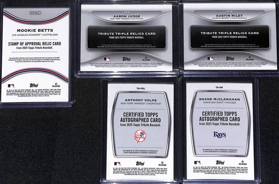 Lot of (17) Topps Tribute Baseball Cards w. Mookie Betts Relic #/50 & Aaron Judge Relic #/99