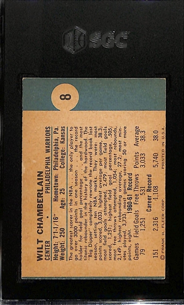1961-62 Fleer Wilt Chamberlain Rookie Card #8 Graded SGC 2 (High Quality Surface/Corners)