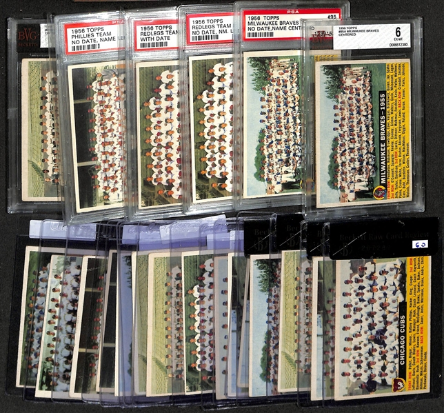 Lot of (22) 1956 Topps Team Cards w. (6) Graded inc. Milwaukee Braves BVG 6