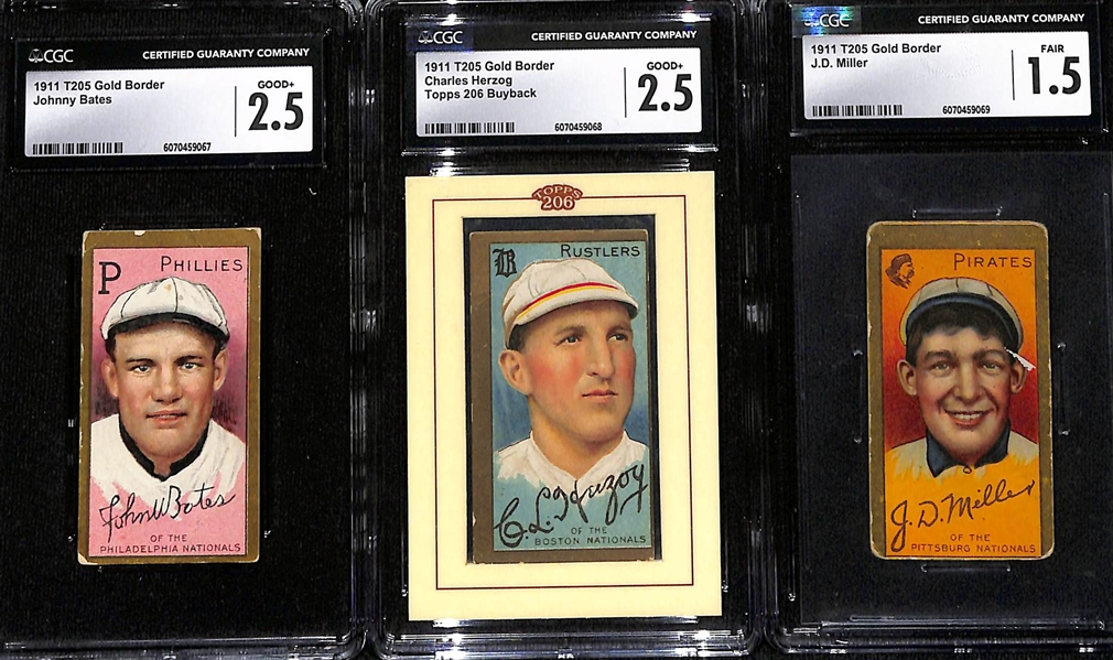 (3) CGC Graded 1911 T205 Polar Bear Gold Border Cards w. Johnny Bates CGC 2.5