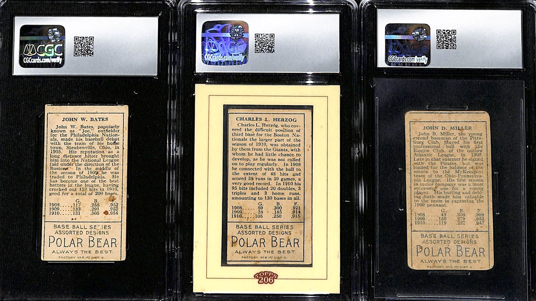 (3) CGC Graded 1911 T205 Polar Bear Gold Border Cards w. Johnny Bates CGC 2.5