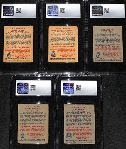Lot of (5) CGC Graded 1949 Bowman Baseball Cards w. HOFers Doerr CGC 4.5 & Slaughter CGC 3