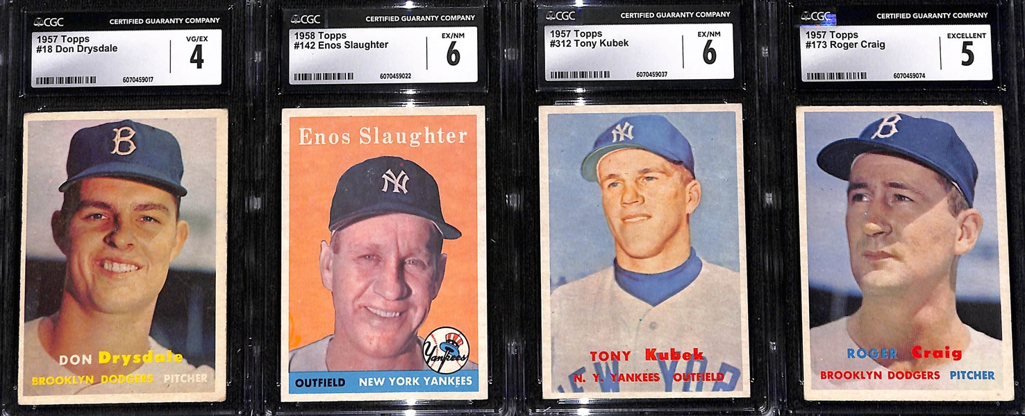 Lot of (4) CGC Graded 1957 Topps Baseball Cards w. Don Drysdale (HOF) CGC 4