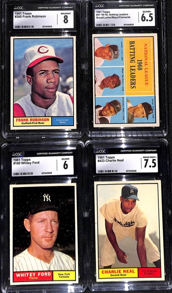 (4) CGG Graded 1961 Topps Baseball Cards w. Frank Robinson (HOF) CGC 8