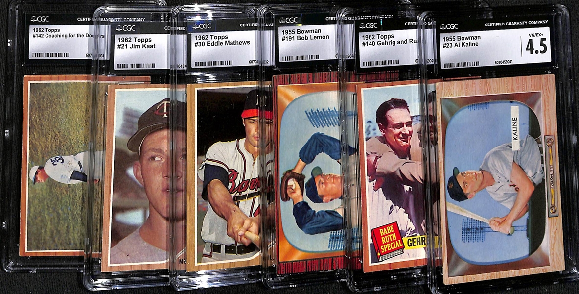 Lot of (6) CGC Graded 1955-61 HOFers Lot w. 1955 Bowman Al Kaline CGC 4.5 & 1962 Topps Gehrig/Ruth CGC 6.5