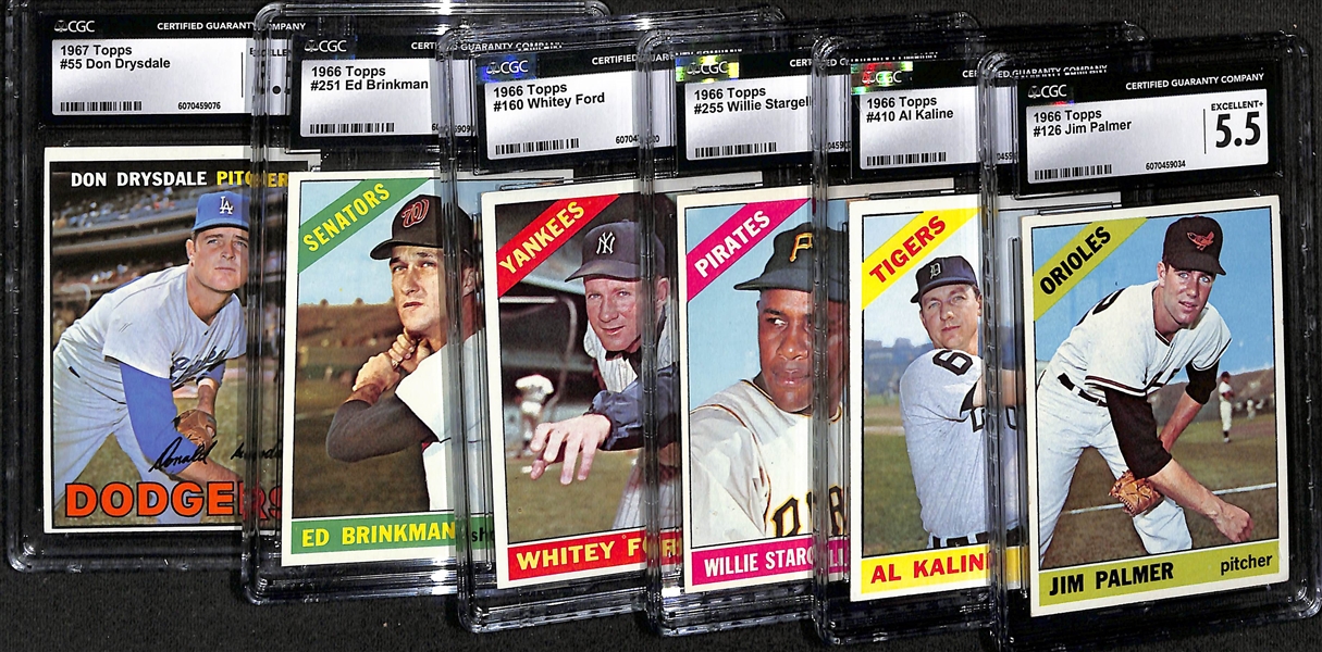 Lot of (5) 1966 Topps & (1) 1967 Topps CGC Graded Cards w. 1966 Jim Palmer RC (HOF) CGC 5.5