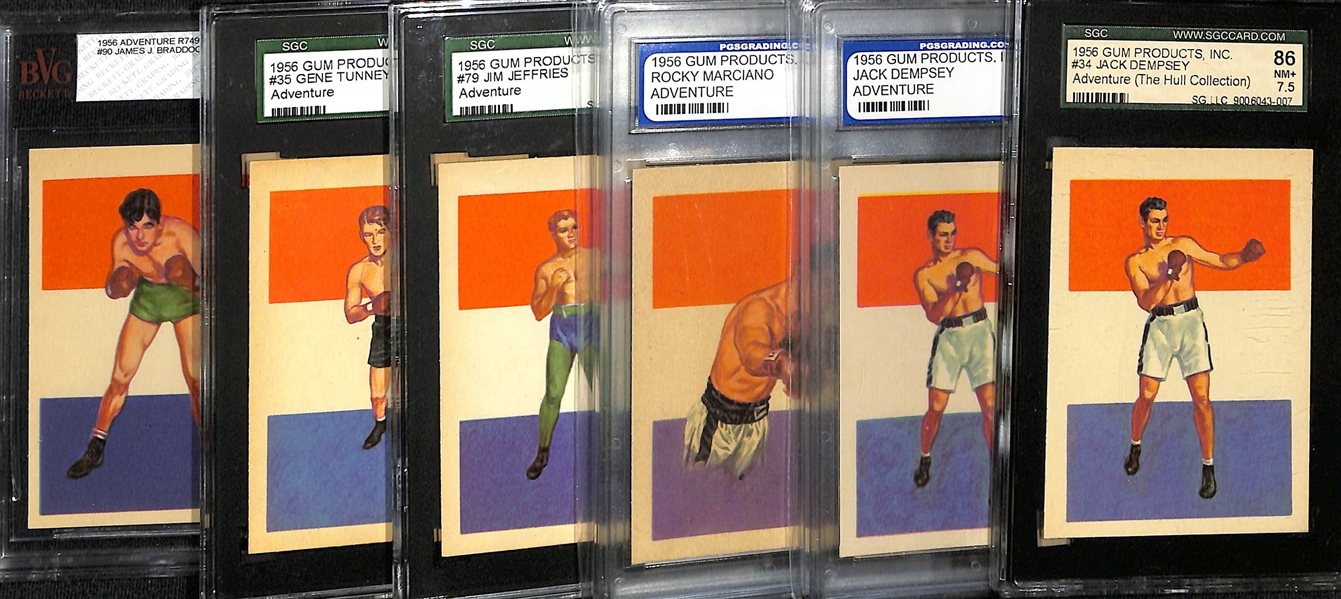 (6) Graded 1956 Adventure Gum Boxing Cards w. (2) Jack Dempsey SGC 7.5 & PGS 8