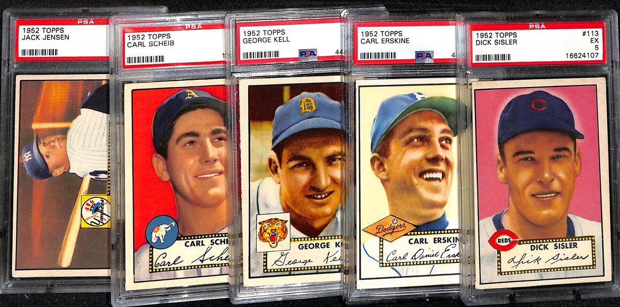 Lot of (5) PSA Graded 1952 Topps Baseball Cards w. HOFers Dick Sisler PSA 5 & Carl Erskine PSA 6