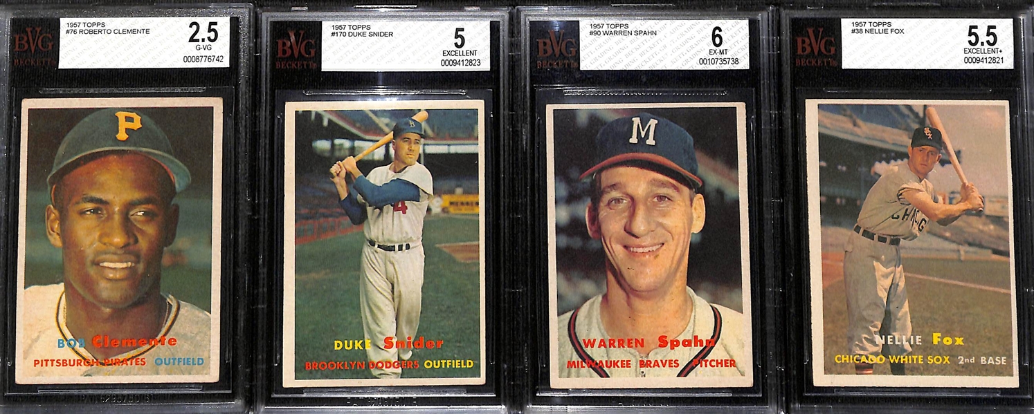 Baseball HOF Lot of (4) 1957 Topps BVG Graded Cards w. Clemente (2.5), Snider (5), Spahn (6), & Fox (5.5)