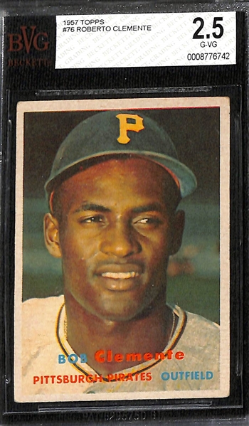 Baseball HOF Lot of (4) 1957 Topps BVG Graded Cards w. Clemente (2.5), Snider (5), Spahn (6), & Fox (5.5)