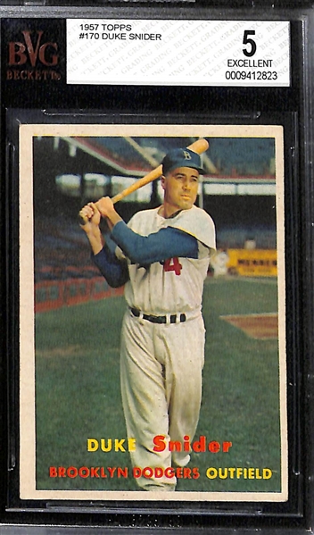 Baseball HOF Lot of (4) 1957 Topps BVG Graded Cards w. Clemente (2.5), Snider (5), Spahn (6), & Fox (5.5)
