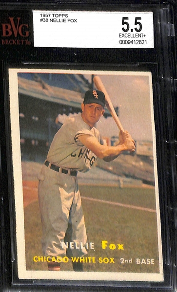 Baseball HOF Lot of (4) 1957 Topps BVG Graded Cards w. Clemente (2.5), Snider (5), Spahn (6), & Fox (5.5)