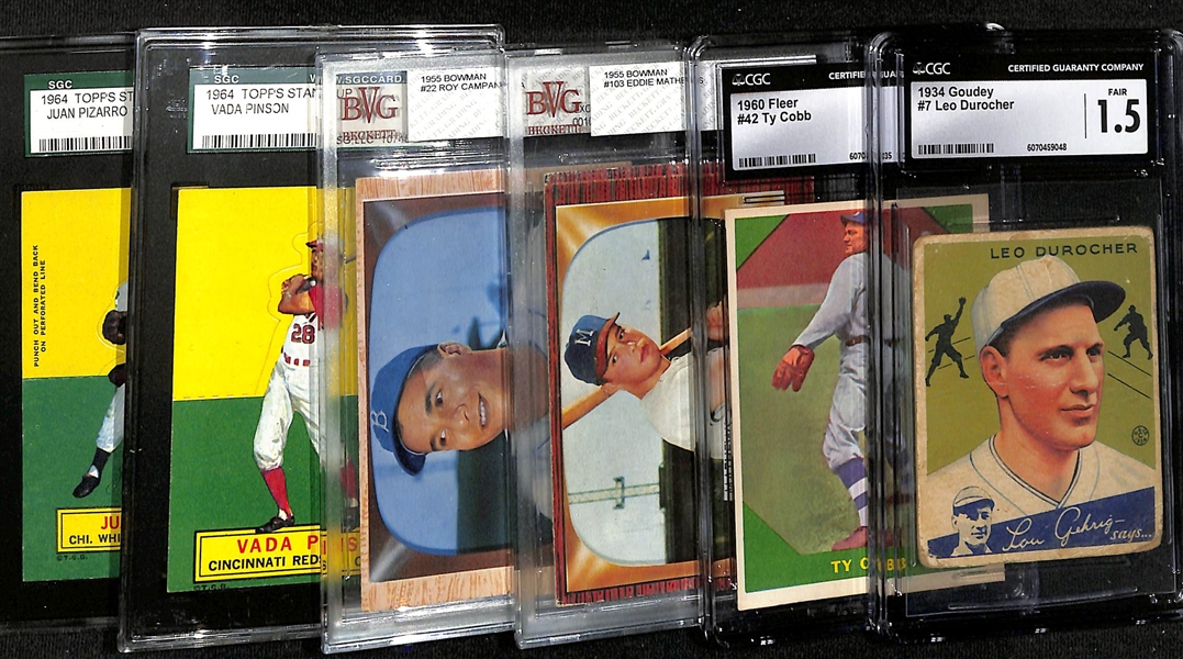 Lot of (6) Graded 1934-1964 Baseball Cards w. 1934 Goudey Leo Durocher CGC 1.5 & 1960 Fleer Ty Cobb CGC 5.5