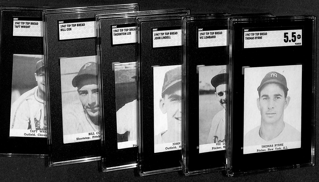 (6) Graded Rare 1947 Tip Top Bread Cards w. Byrne (SGC 5.5), Lombardi (SGC 4), Lindell (SGC 3), Thornton Lee (SGC 3), Billly Cox (SGC 3), Taft Wright (SGC 2)