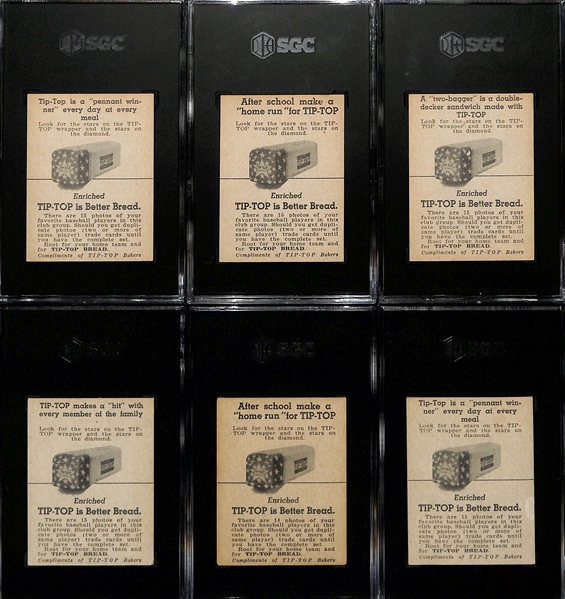 (6) Graded Rare 1947 Tip Top Bread Cards w. Byrne (SGC 5.5), Lombardi (SGC 4), Lindell (SGC 3), Thornton Lee (SGC 3), Billly Cox (SGC 3), Taft Wright (SGC 2)