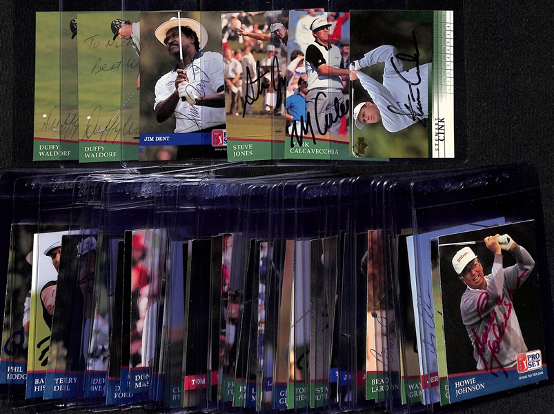 Lot of (65) Signed Golf Cards w. a 2001 Upper Deck Stewart Cink & 1991 Pro Set Mark Calcavecchia (JSA Auction Letter)