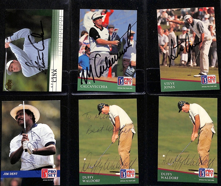 Lot of (65) Signed Golf Cards w. a 2001 Upper Deck Stewart Cink & 1991 Pro Set Mark Calcavecchia (JSA Auction Letter)